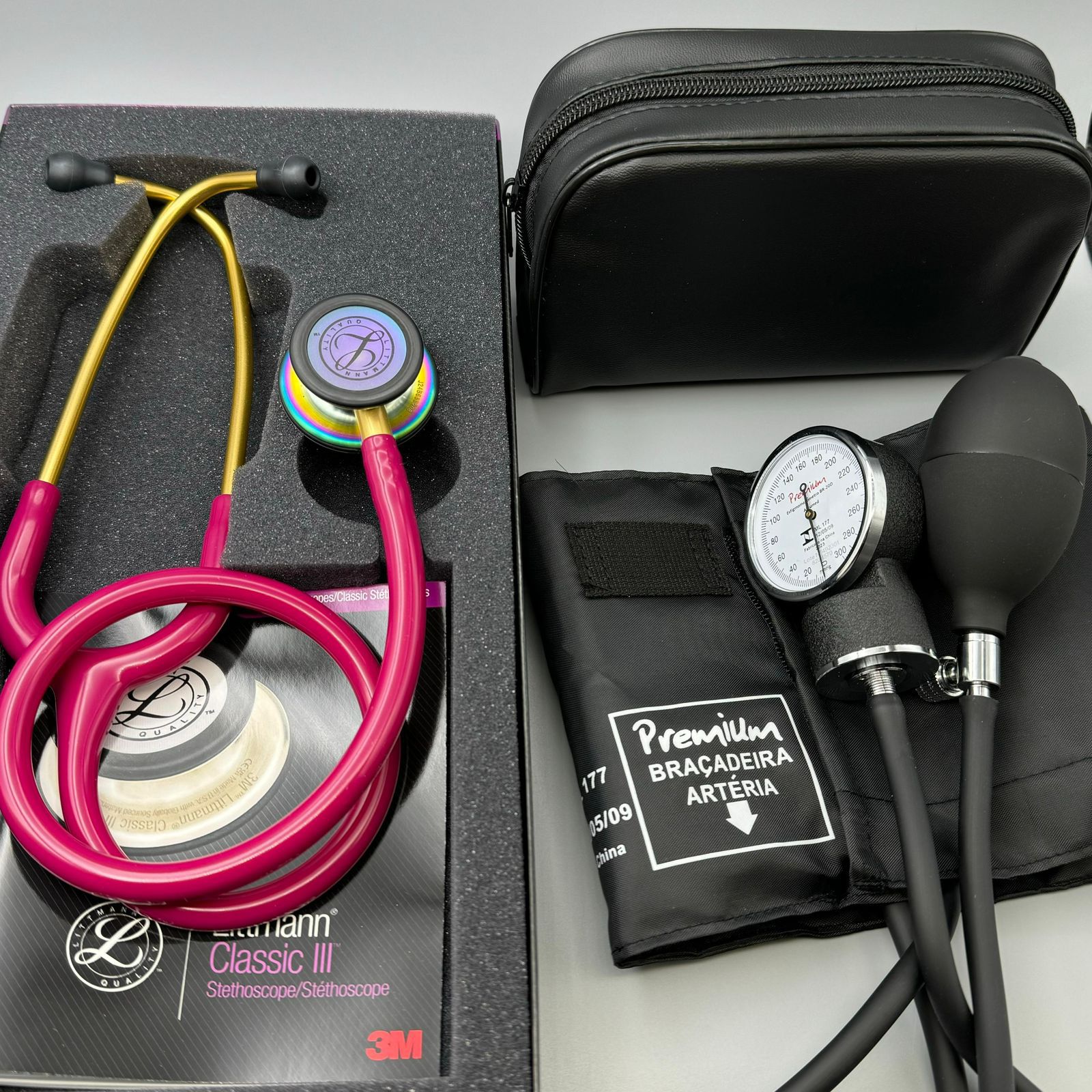 Kit Estetoscópio Littmann RASPBERRY RAINBOW+ Esfigmomanômetro Premium PRETO