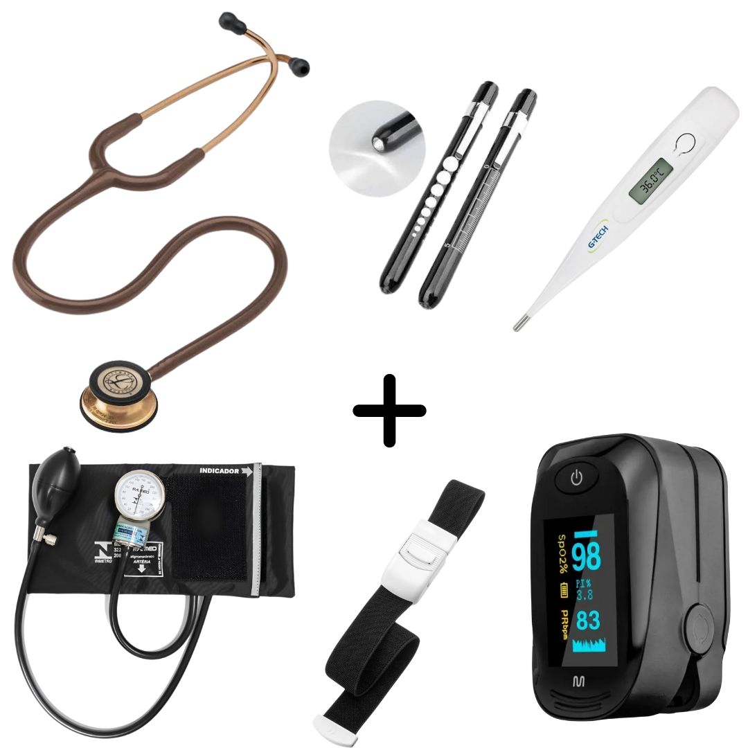 Kit Acadêmico Littmann Classic III Chocolate +Lanterna+Termometro+Esfigmo P.A MED+Garrote+Oxímetro