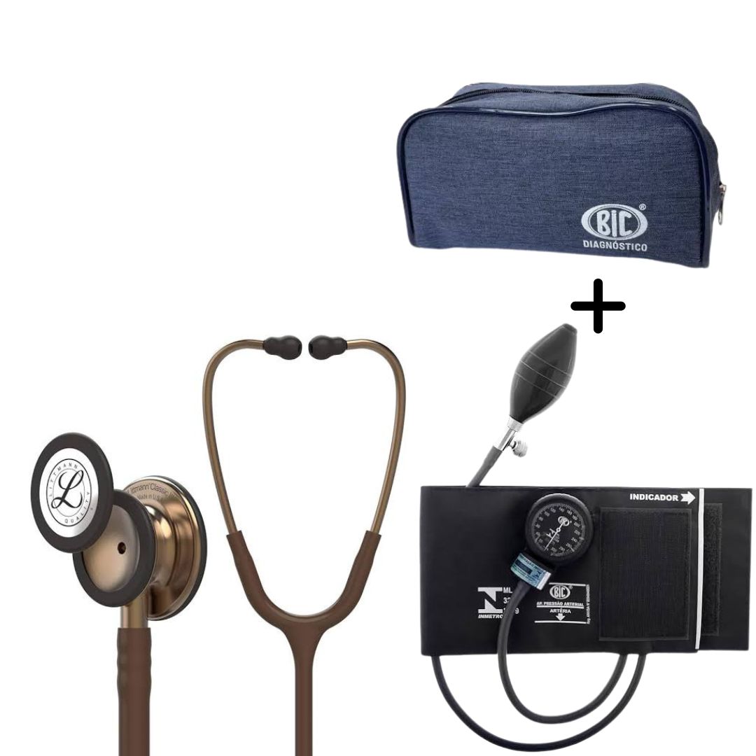 Kit Acadêmico Estetoscópio Littmann Classic III Chocolate + Esfigmomanometro BIC Fecho de contato